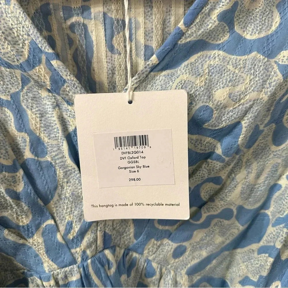 NWT Diane von Furstenberg Blue & White Pleated Printed Cotton Blouse Size 6 DVF - Picture 6 of 8